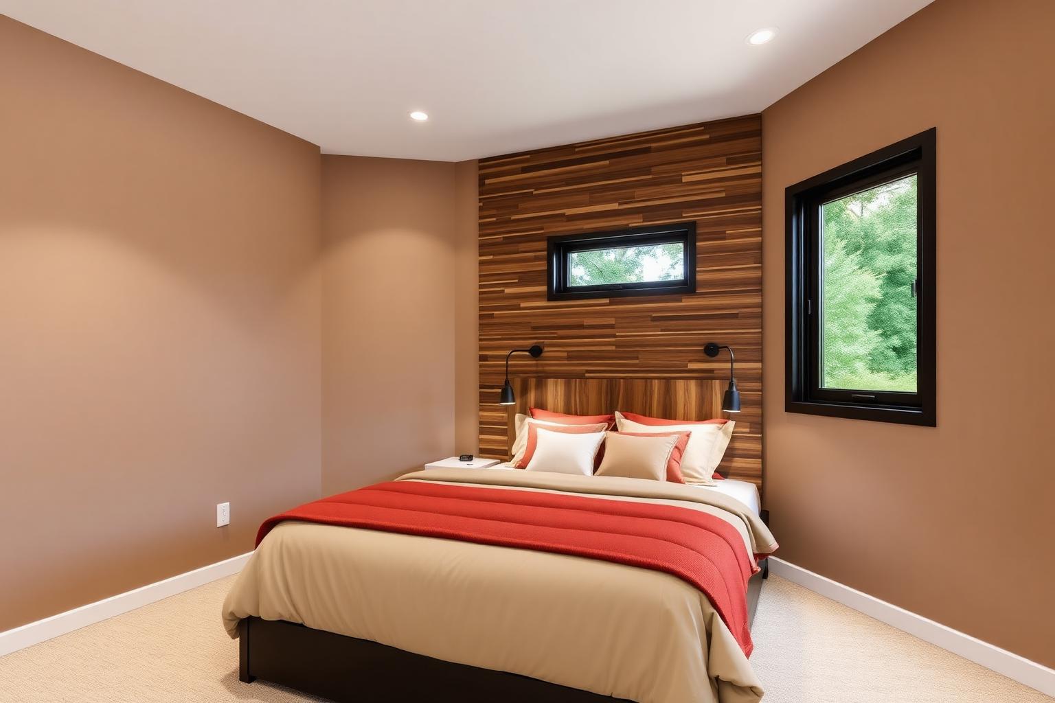 Guest bedroom with walnut slat headboard wall