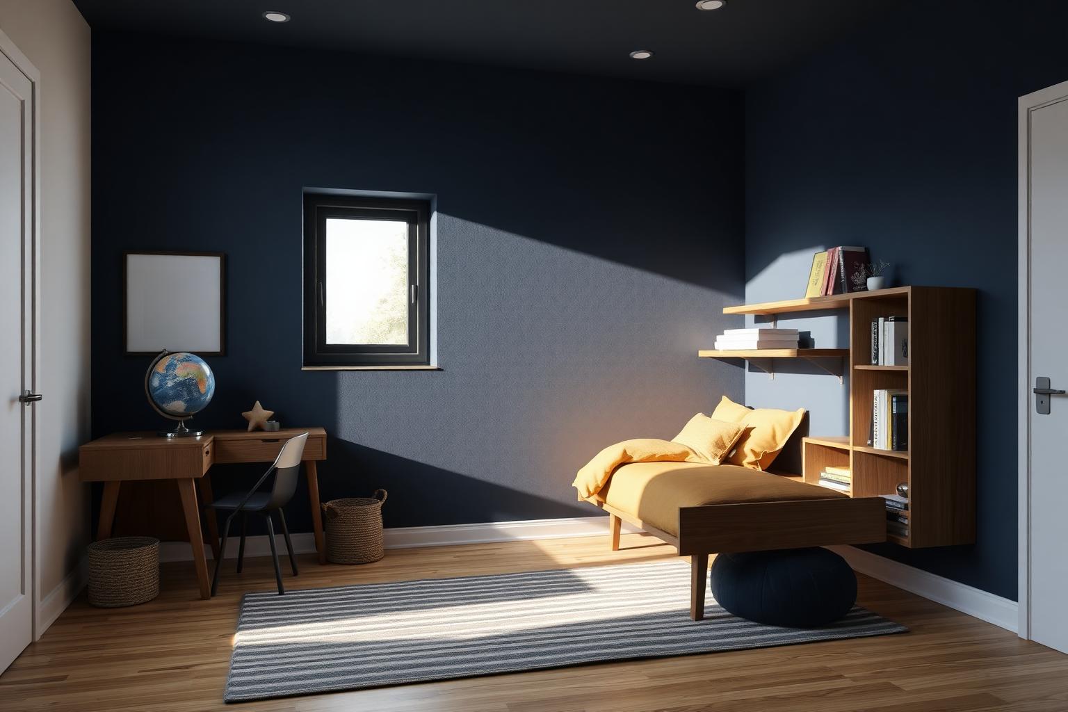 Boy's bedroom with navy walls and mustard bedding