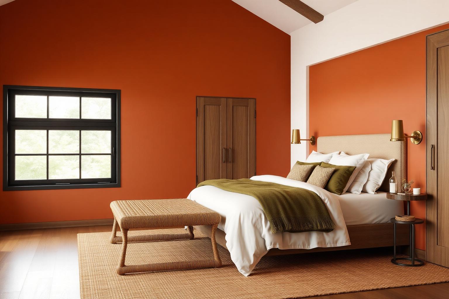 Guest bedroom with terracotta walls and olive linens