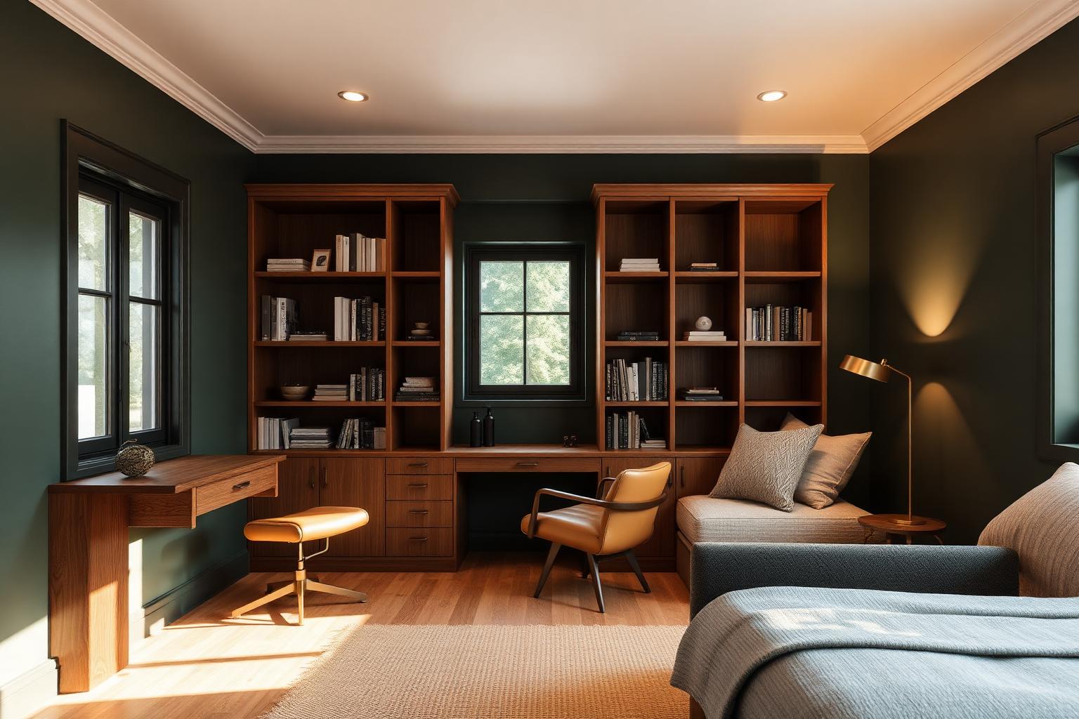 Study bedroom with deep green walls and built-in bookshelves