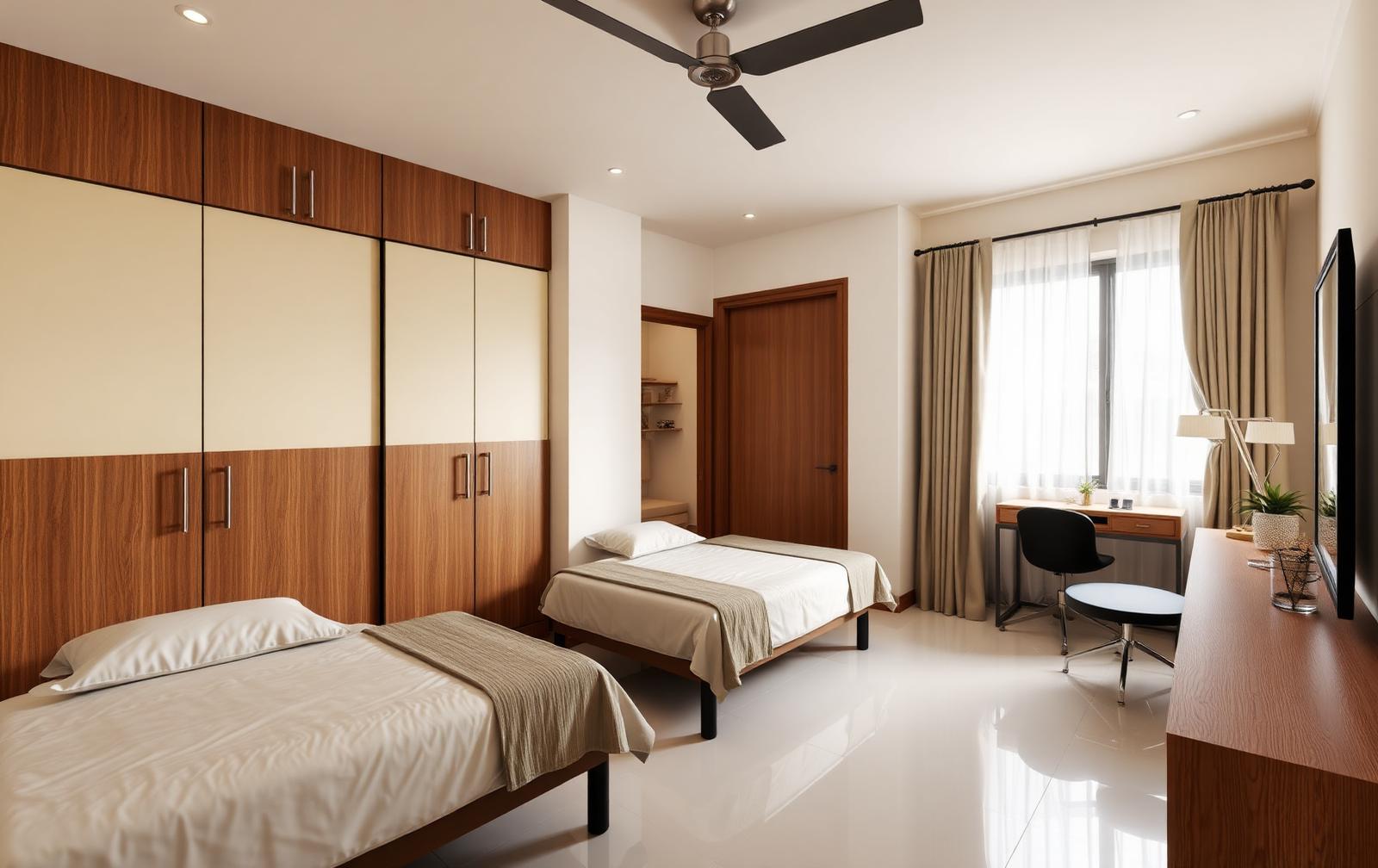 Twin guest bedroom with built-in wardrobes